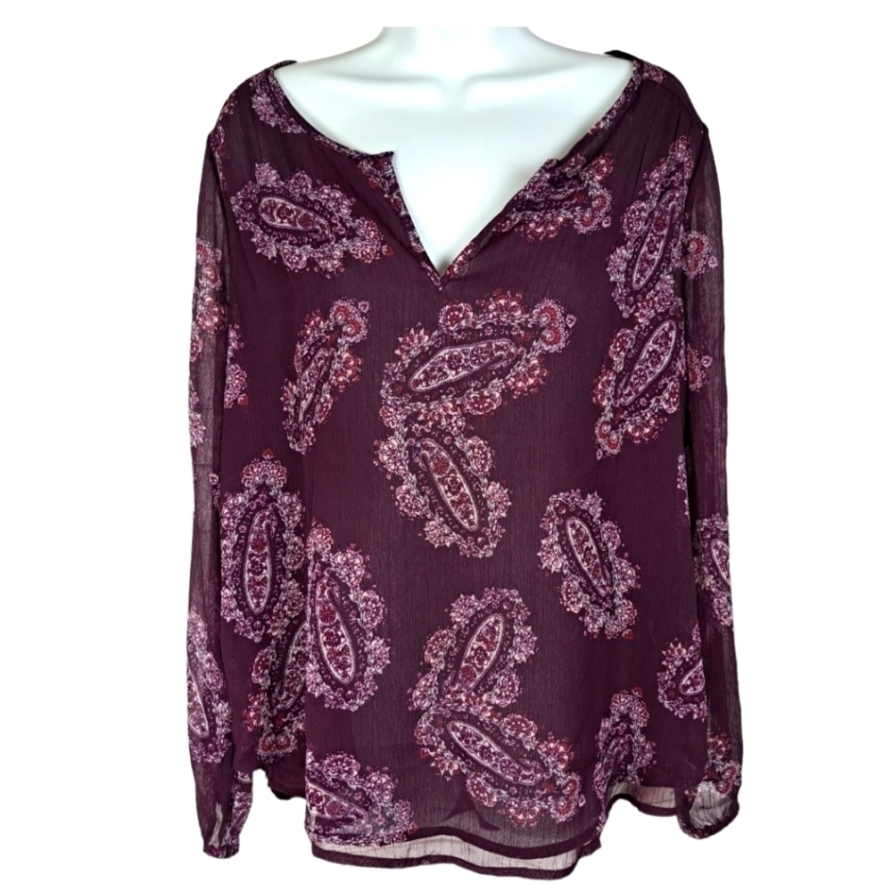 Lucky Brand Boho Paisley Overlay Top Burgundy‎